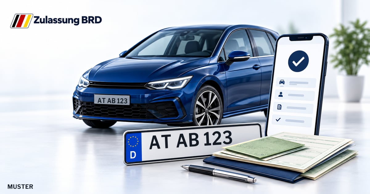 Online Fahrzeugzulassung in Neustrelitz: Musterkennzeichen AT AB 123, Auto und Fahrzeugpapiere und Smartphone. Illustration mit Logo von Zulassung BRD.